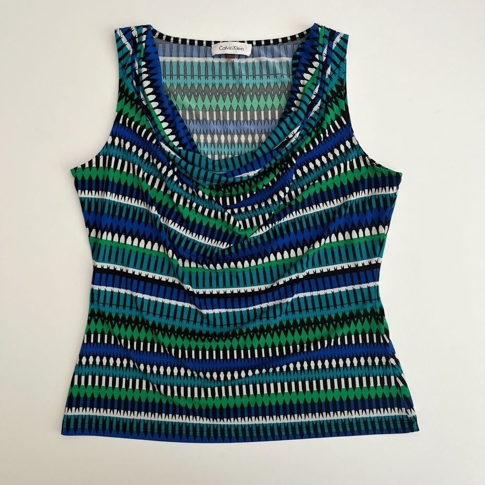 Calvin Klein Womens Striped Blue Green Sleeveless Blouse, Calvin Klein Tanks T17